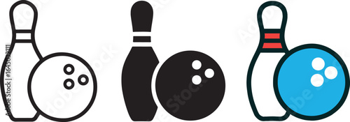 Bowling Pin and Ball Icons Outline, Silhouette, and Color Vector Illustrations