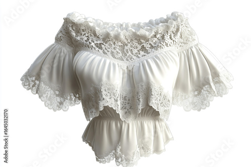 Elegant white off-shoulder blouse with intricate lace details and flowing sleeves