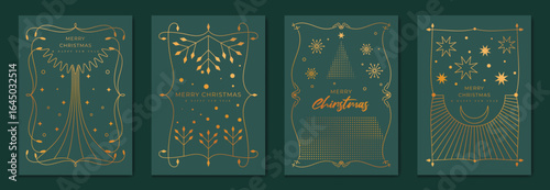 Christmas greeting card vector set. Happy new year poster template with gold line christmas tree, leaves, art deco frame on green background. Design for season holidays, cover, Happy New Year. 