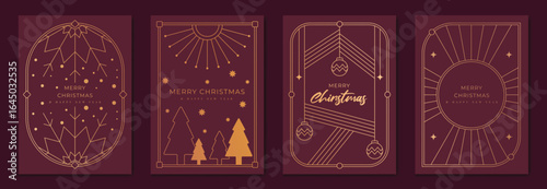 Christmas greeting card vector set. Happy new year poster template with gold line christmas tree, leaves, art deco frame on red background. Design for season holidays, cover, Happy New Year. 