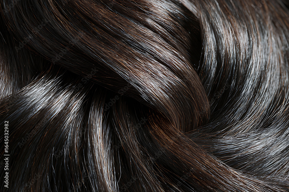 Naklejka premium Close-up macro shot of dark brown human hair strands with subtle highlights dark brown hair brown hair
