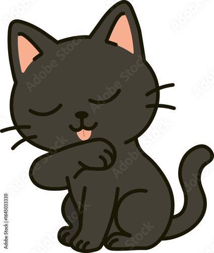 Adorable cartoon black cat with closed eyes licking its paw, perfect for children’s illustrations, pet themes, and cute designs.