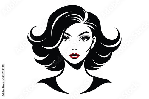 Striking depicts a beautiful brunette with red lipstick on a clean white background