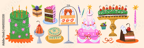 Set of different pieces of cakes. Various cheesecakes, chocolate pie and cupcakes decorated with berries, fruit, cream and birthday candles. Slices of dessert, food. Flat isolated vector illustrations