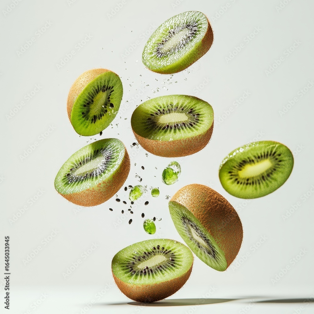 Fototapeta premium Premium photo of kiwi falling, isolated on a white background, highlighting the fresh and natural appeal of the fruit, Generative AI