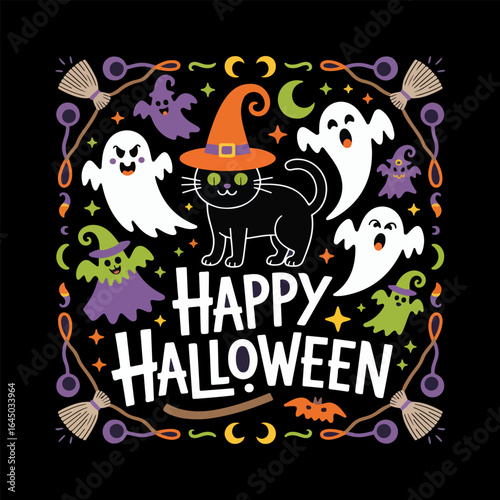 Cute Happy Halloween Illustration with Black Cat, Ghosts, Witches and Brooms