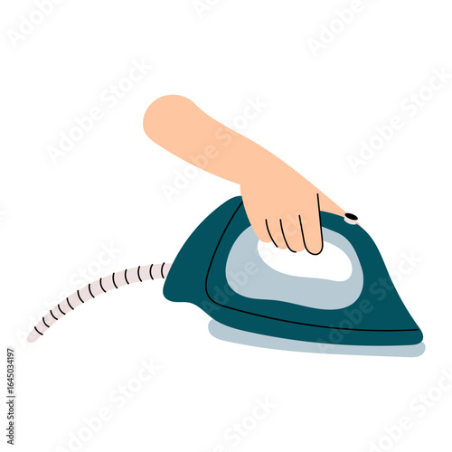 Electric iron illustration. Vector flat design of a hand holding a blue electric iron with a cord, isolated on white background. Perfect for laundry, household chores and home appliance themes.