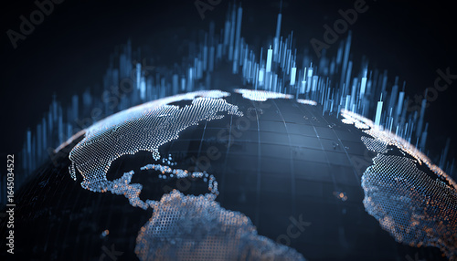 Digital 3D globe with glowing continents and financial data charts in blue light world earth