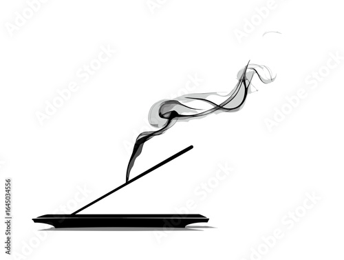 Incense stick with smoke curling up on black plate  