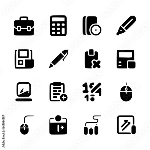 A set of black-and-white office and business icons, including briefcase, calculator, pencil, floppy disk, clipboard, percentage symbol, computer mouse, and document symbols.