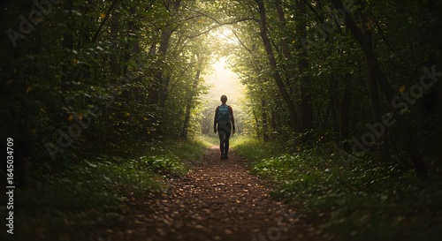 Ethereal Morning Light Guides a Hiker Through a Verdant Tree Tunnel