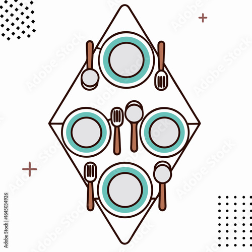Blue and white table setting with plates and cutlery in minimalist style  