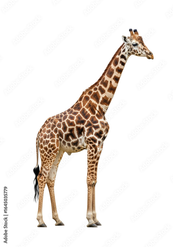 Naklejka premium Adult giraffe with brown and cream patterned coat, long neck, and ossicones, standing gracefully on a transparent isolated background with bright even lighting, no shadows, and clear contours,