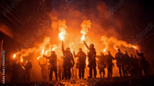 Protesters advance with flares in nighttime demonstration against local policies