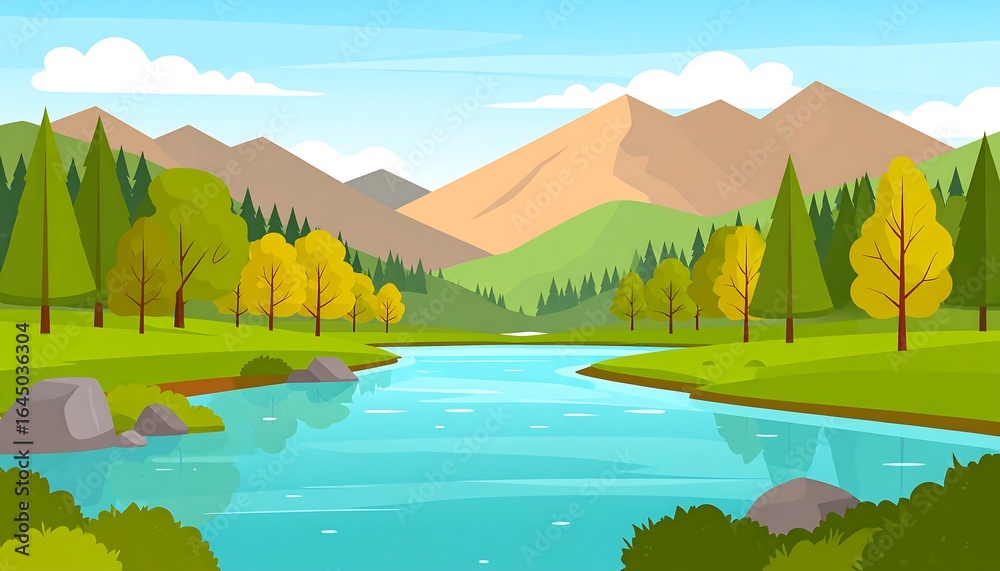 Obraz premium Serene Landscape Illustration Depicting Mountains, River, Trees, and Sky in Vibrant Colors