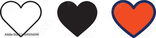 Collection of Heart Icons Outline, Filled Black, and Red with Blue Outline on White Background