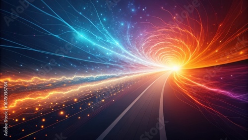 A cosmic race through space and time with ethereal light trails and vibrant star dust on an abstract