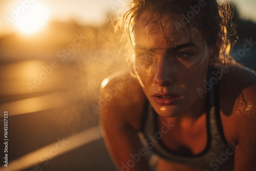 Determined female athlete sweating and breathing heavily after intense outdoor workout at sunset

