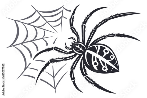 Spider with web isolated on white background, a creepy arachnid illustration