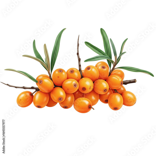 Fresh sea buckthorn berries on branches with green leaves