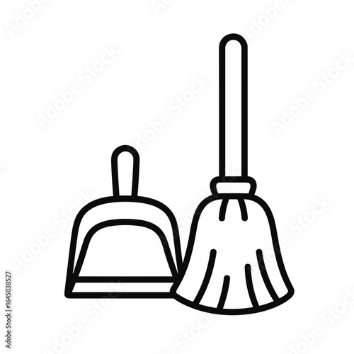 Broom and dustpan in simple line art style  
