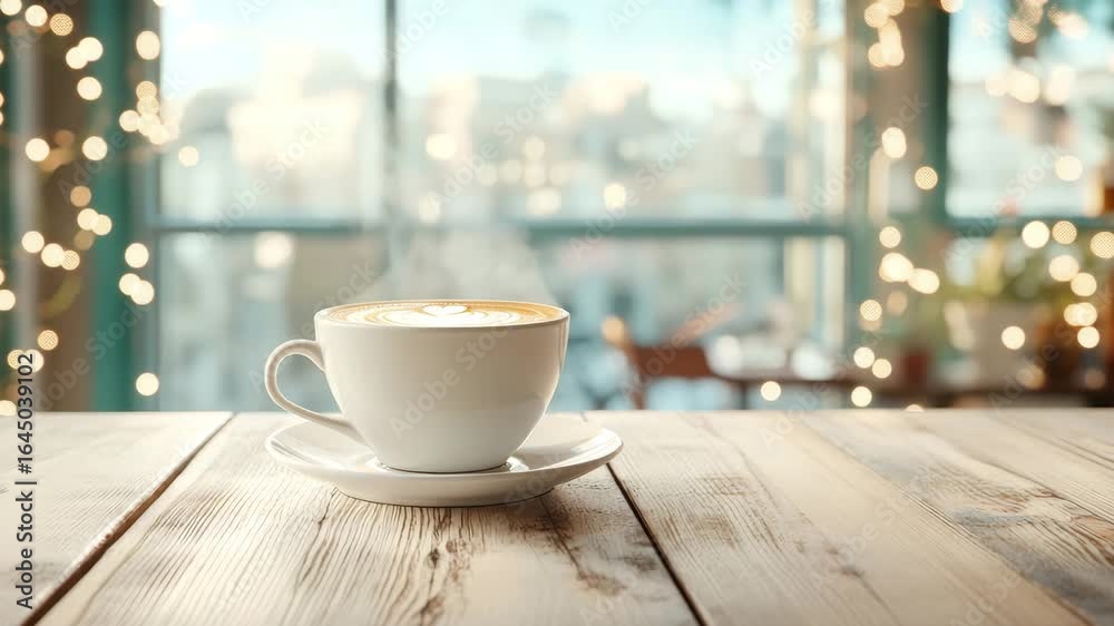 White ceramic cup of latte with heart shaped foam art on wooden table in cozy cafe warm light bokeh creating relaxing peaceful atmosphere steaming coffee cup with latte art blurred background White ceramic cup of latte with heart shaped foam art on wooden table in cozy cafe warm light bokeh creating relaxing peaceful atmosphere steaming coffee cup with latte art blurred background