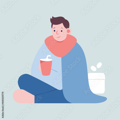 Illustration of a sick man wrapped in a blanket with a cup of hot drink