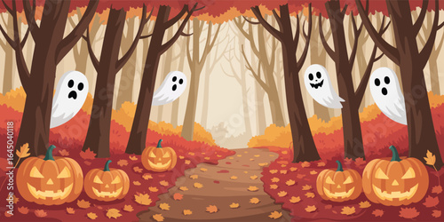 Autumn forest path with red leaves, jack-o’-lanterns, and ghostly figures