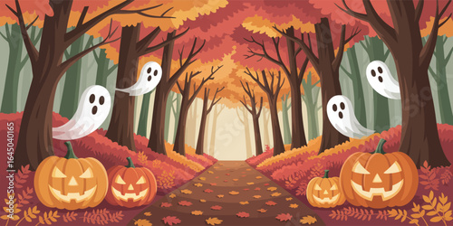 Spooky autumn forest walkway with pumpkins and subtle ghost shapes