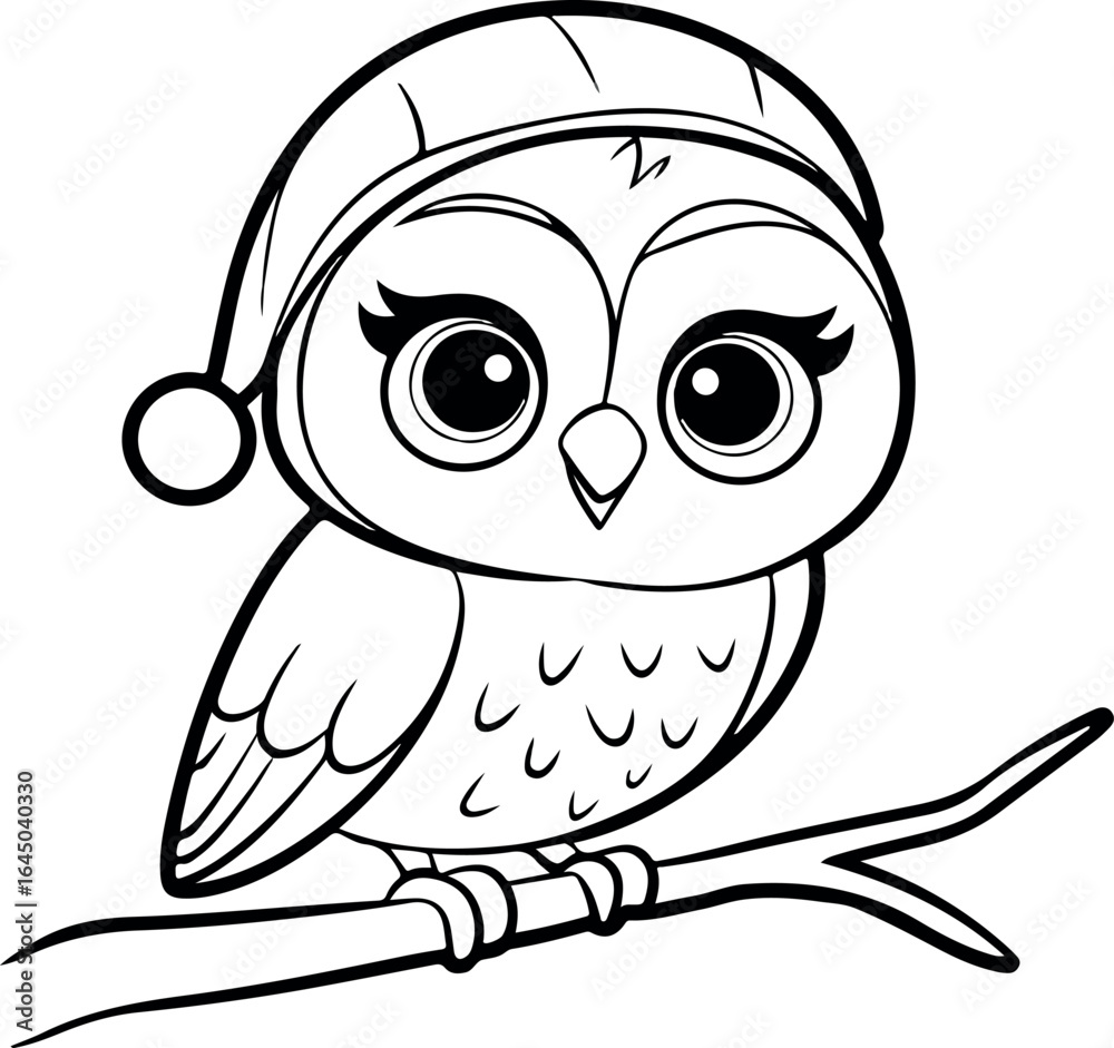 Obraz premium Baby Owl with Santa Hat Coloring Page. Black and White Christmas Owl Illustration. Outline Drawing of a Cute Owl. Holiday Owl Sticker Line Art. Printable Coloring Sheet of a Baby Owl