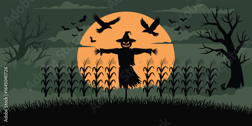 Creepy cornfield at dusk with scarecrow silhouette and circling crows