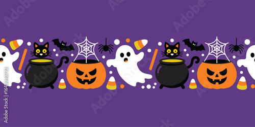 Fun Halloween header with ghosts, candy, cats, and cauldrons pattern