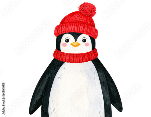 A - Cute Winter Penguin Wearing Red Knit Hat and Scarf, Standing Front View, Isolated on Transparent Background