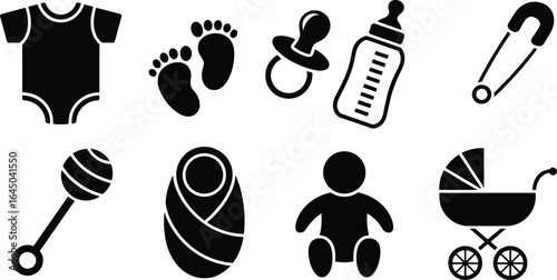 Essential baby items, newborn necessities, baby care icons, baby shower graphics, baby gear, baby supplies, baby symbols, baby illustrations.