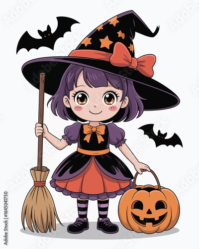 Cute anime-style witch girl with broomstick and smiling jack-o’-lantern
