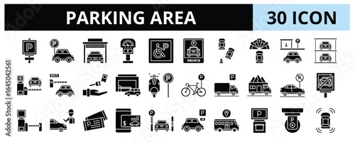 30 Parking Area Glyph Icons Vector - Parking sign, Parking Garage, Angle Parking, Parking Security, Parking Sensor