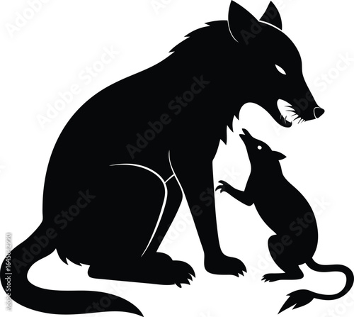 Black Silhouette: Wolf and Mouse, Fable Illustration, Vector Art