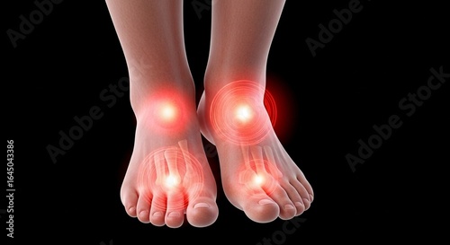 Human Feet with Red Pain Points Indicating Ankle and Foot Discomfort or Inflammation on Black Background