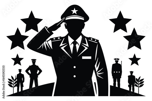 Silhouette shows saluting military officer amid stars with soldiers stationed nearby on white
