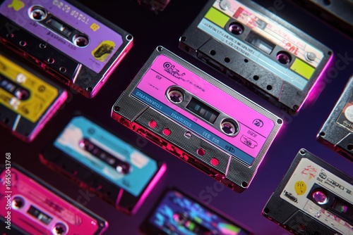 Colorful retro audio cassette tapes in vibrant neon lighting on dark background

