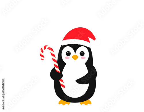 A - Playful Cartoon Penguin in Santa Hat Holding a Candy Cane, Angled Side View, Isolated on Transparent Background
