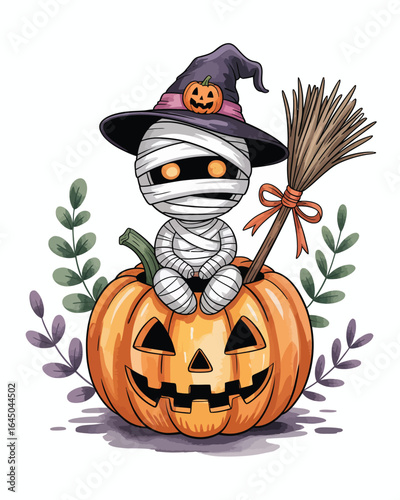 Cute watercolor-style Halloween illustration of mummified creature atop pumpkin with witch hat, leaves, and white background
