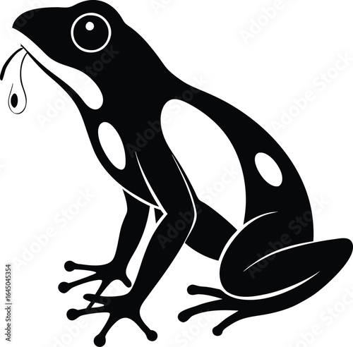 Black and White Frog Silhouette with Tongue Out: Vector Art
