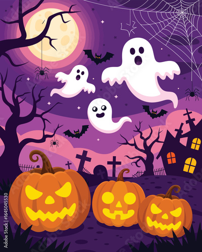 Whimsical Halloween Night with Ghosts, Pumpkins, and Spooky House