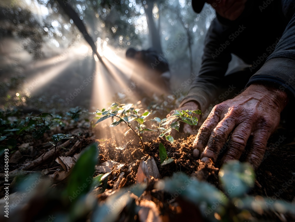 Sunlit Hands Planting Seedling: Hopeful Reforestation in Misty Forest Sunlit Hands Planting Seedling: Hopeful Reforestation in Misty Forest