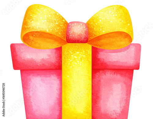 A - Red Gift Box with Gold Ribbon Bow, Front View, Isolated on Transparent Background.