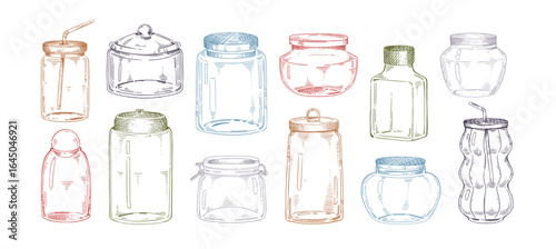 Colourful sketches of glass jars set. Bottles with straws, empty containers, glassware for drinks. Masons for storing liquid products, jam, and food. Hand drawn isolated vector illustrations on white