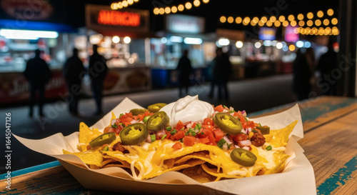 A Plate of Loaded Nachos with Cheese, Jalapenos, and Sour Cream at a Nighttime Street Food Market