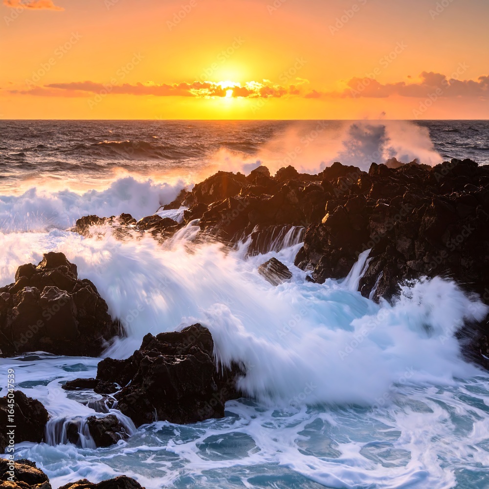 Fototapeta premium Dramatic sunrise over churning ocean waves