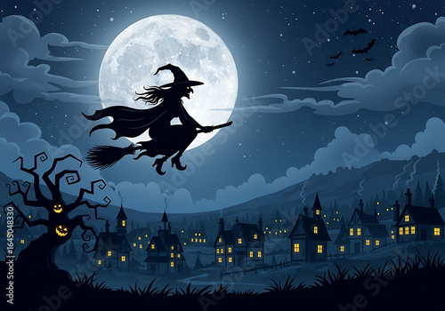 Halloween night scene: witch flying on broomstick with full moon